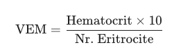 <p>80–100 fL</p><ul><li><p><strong>< 80 fL (Microcitoză):</strong> anemie feriprivă, talasemie</p></li><li><p><strong>80 – 100 fL (Normocitoză):</strong> hemoragii acute, hemoliză, insuficiență medulară</p></li><li><p><strong>> 100 fL (Macrocitoză):</strong> deficit de B12 sau folat (megaloblastică), etilism cronic, boli hepatice</p></li></ul><p></p>