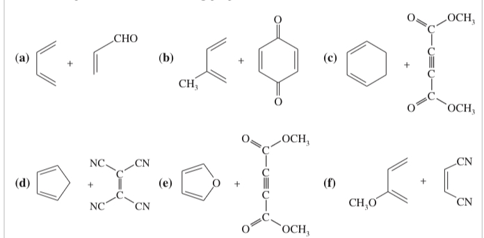 <p>(15.14)&nbsp;<span>Predict the products of the following proposed Diels–Alder reactions.</span></p>