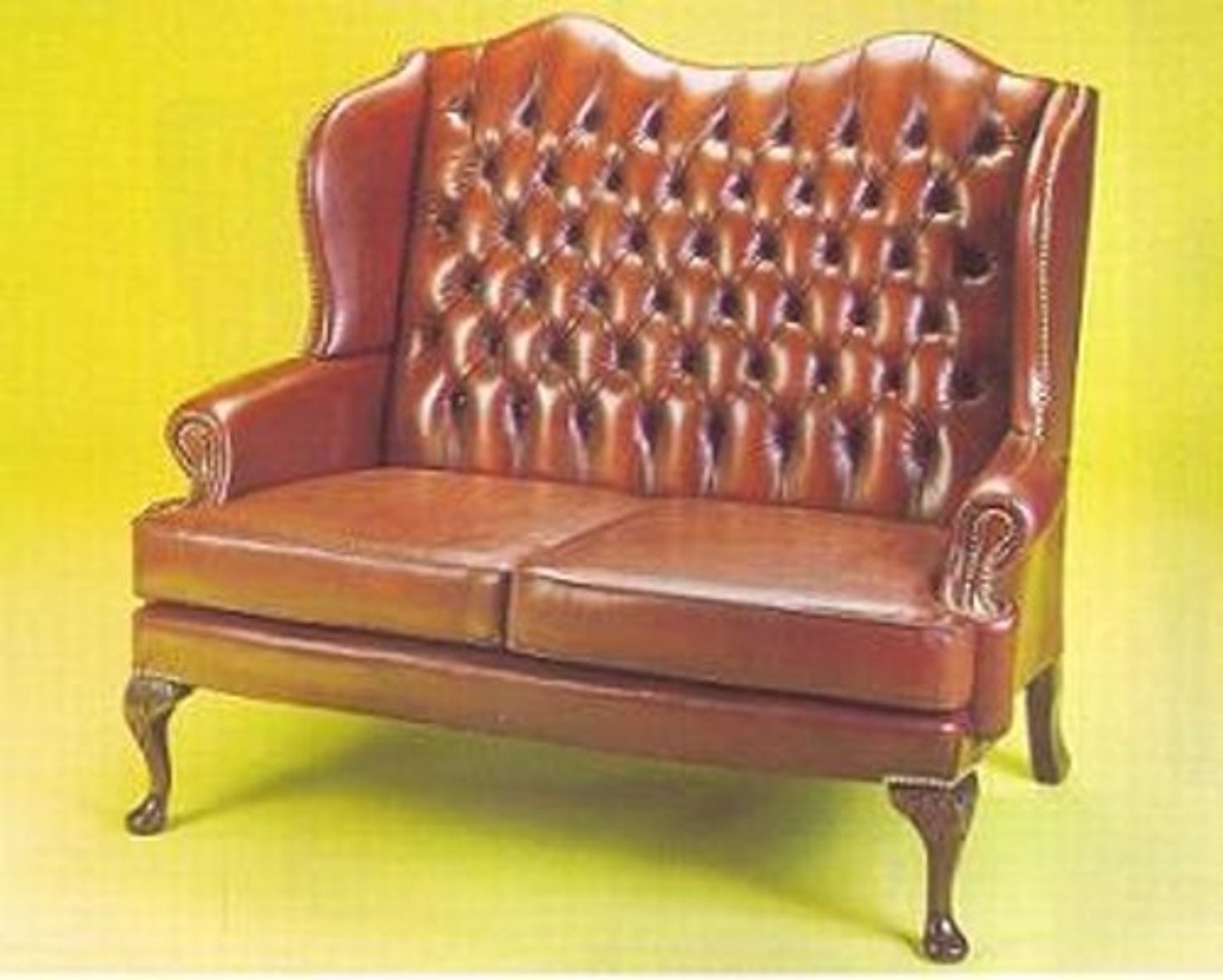 <p>winged back settee</p><p>cabriole leg</p><p>shell motif on knee</p><p>club or pad foot</p><p>introduction to tufting (buttons in back)</p>