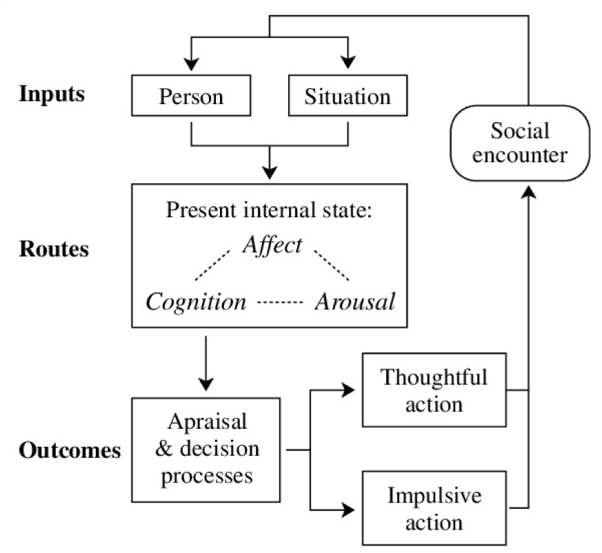 an attempt to integrate multiple theories to explain the impacts of violent media

**input variables:** determine an indv’s likelihood to act aggressively (personality, genetics etc.)

→ impact **routes** to aggressive behaviour by influencing the internal state

→ a given situation is then appraised, creating the **outcome**  of whether to act aggressively or not (evaluate situation & choose response)

\
