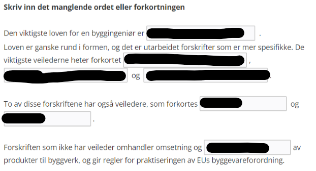 <p>(Introduksjonsoppgaver) Lovverket: Skriv inn det manglede ordet eller forkortingen</p>