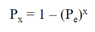 <p>probability at least 1 patch remains at t+1</p><p>probability all patches don’t simultaneously go extinct</p><p>Pe = probability of extinction</p><p>x = # of patches</p><p>inreasing x spreads risk of extinction and increases the probability of regional persistence to the next time step at a given local probability of extinction</p>