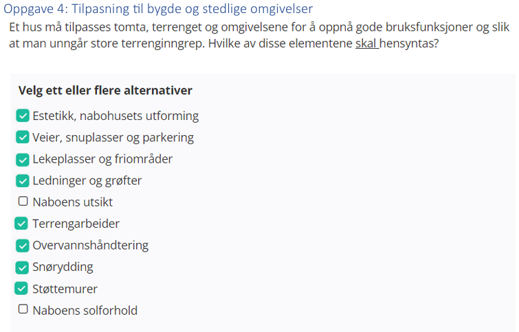 <p>- Estetikk, nabohusets utforming</p><p>- Veier, snuplasser og parkering</p><p>- Lekeplasser og friområder</p><p>- Ledninger og grøfter</p><p>- Terrengarbeider</p><p>- Overvannshåndtering</p><p>- Snørydding</p><p>- Støttemurer</p>
