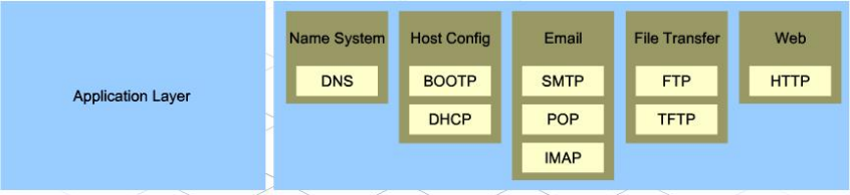 * The topmost layer in the Four Layer Model.
* Holds protocols that deal with how data moves in and out of applications, including web browsers (the HTTP protocol), email applications (POP and SMTP) and servers (FTP)
* The protocols in this layer only interact with the protocols in the Transport layer