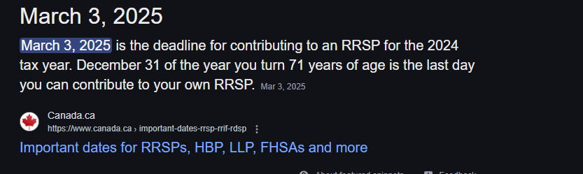 <p><span>The deadline for RRSP contributions is the sixtieth day following the tax year. For instance, the RRSP deadline for the 2021 tax year is March 1, 2022.</span></p>
