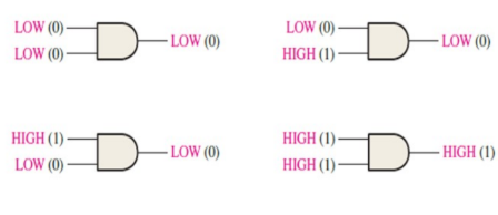 <p>It performs a logical multiplication.</p><ul><li><p>Output is HIGH, when both Inputs are HIGH</p></li><li><p>Output is LOW, when any one of the Inputs is LOW</p></li></ul><p></p>