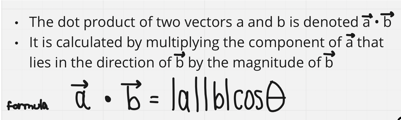 The dot product always produces a scalar (not a vector) and is sometimes referred to as the scalar product

The dot product formula (above) is often used when we’re given geometric vectors or angles between 2 vectors

We can also determine by: x1x2,y1y2