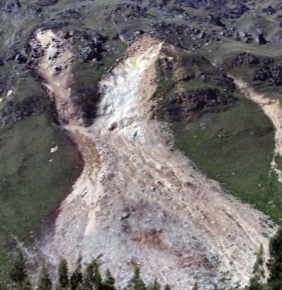 * Sudden movement of rock and debris down a non-vertical slope
* Very little water

\
