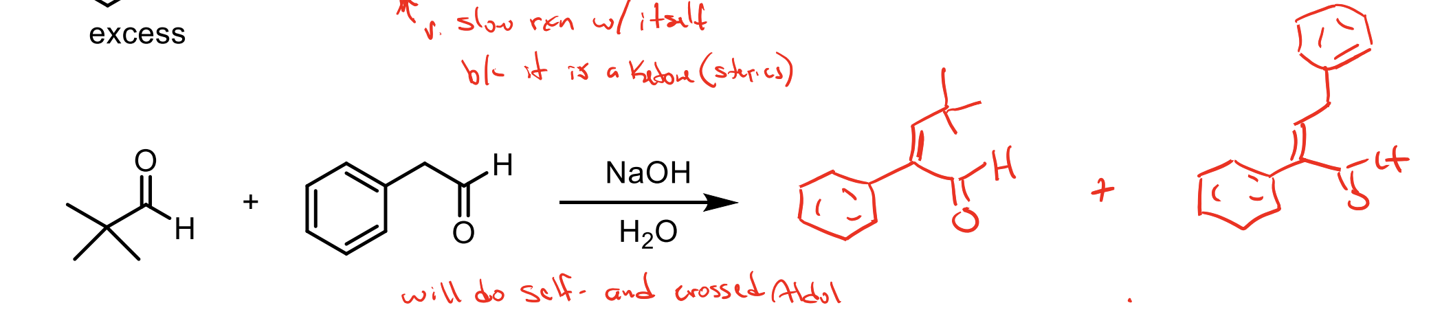 <p>One has no alpha hydrogens the other does. You didn’t add the one with alpha hydrogens slowly so you’ll get two products.&nbsp;</p><ul><li><p>You’ll get one where our nucleophile reacts iwth the tert butyl aldehyde thingy and that will be conjugated by the benzene ring so you’ll get the beta unsaturated ketone (E1CB).&nbsp;</p></li><li><p>You’ll get another that reacts the nucleophile with itself then since it still has conjugation with the benzene ring you’ll form the beta unsaturated ketone (E1CB).</p></li></ul><p>When you do the E1CB mechanism, you eliminate the other alpha hydrogen from that carbon, so in order to actually kick off the OH you need another alpha hydrogen. This means if a molecule like the one in this had only one alpha hydrogen, we would just get the aldol product regardless. Pay attention to mechanisms.&nbsp;</p><p></p>