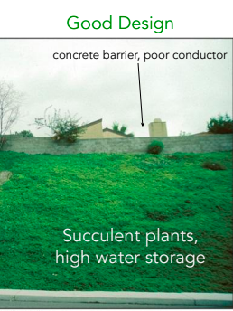 Concrete barrier, poor conductor, Succulent plants,
high water storage.
