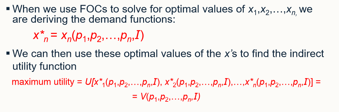 <p>v(p1, p2,…pn,I) </p><p>the optimal level of utility will depend indirectly on prices and income. </p><ul><li><p>In words, because of the individual’s desire to maximize utility given a budget constraint, the optimal level of utility obtainable will depend indirectly on the prices of the goods being bought and the individual’s income. This dependence is reflected by the indirect utility function V. If either prices or income were to change, the level of utility that could be attained would also be affected.</p></li></ul><p></p>