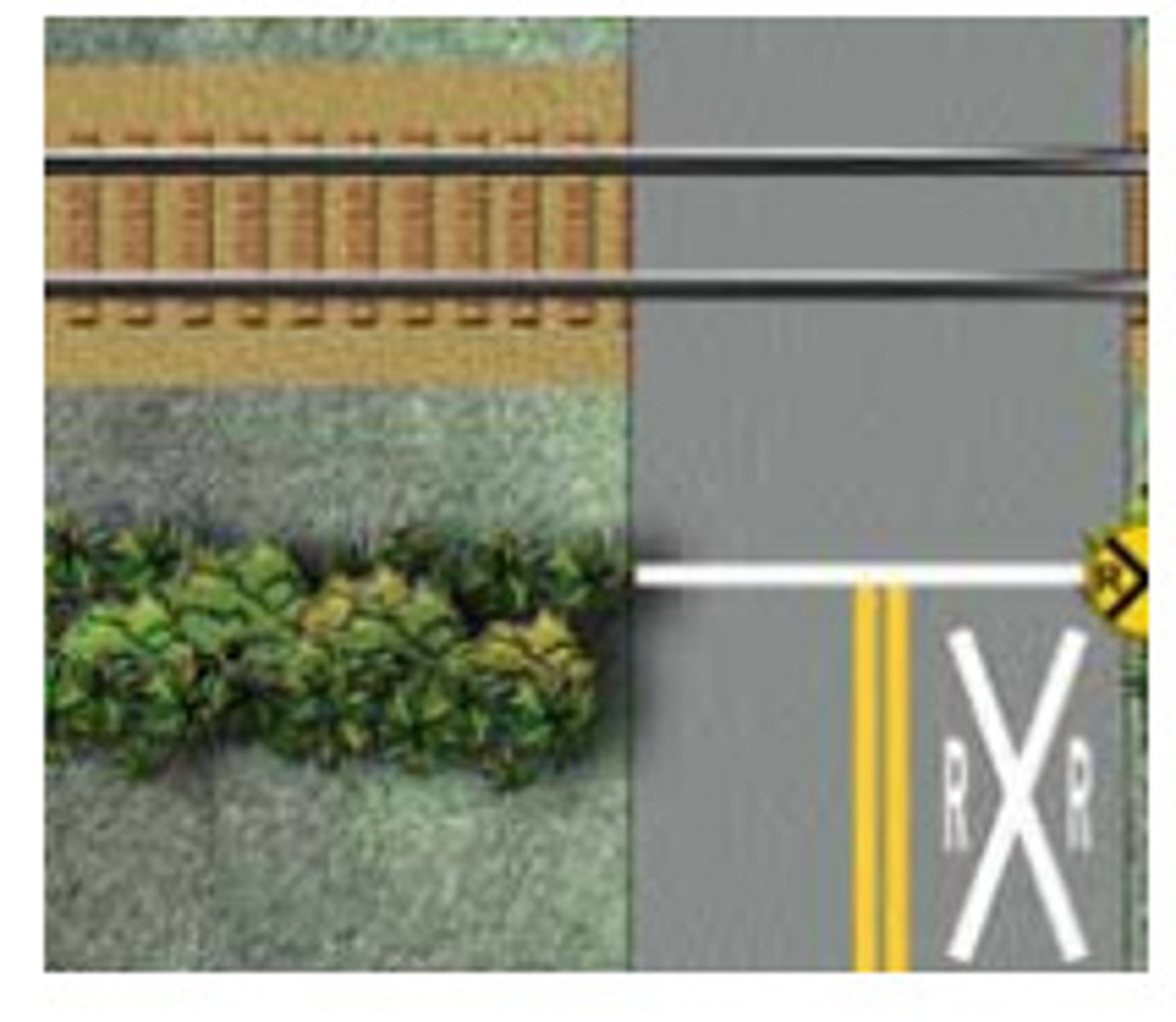 <p>warn and direct drivers and regulate traffic. In front of railroad crossings, the pavement is marked with a large X and two R's. A solid yellow line is used to prevent passing in advance of the crossing, and a white line is painted on each side of the track.</p>
