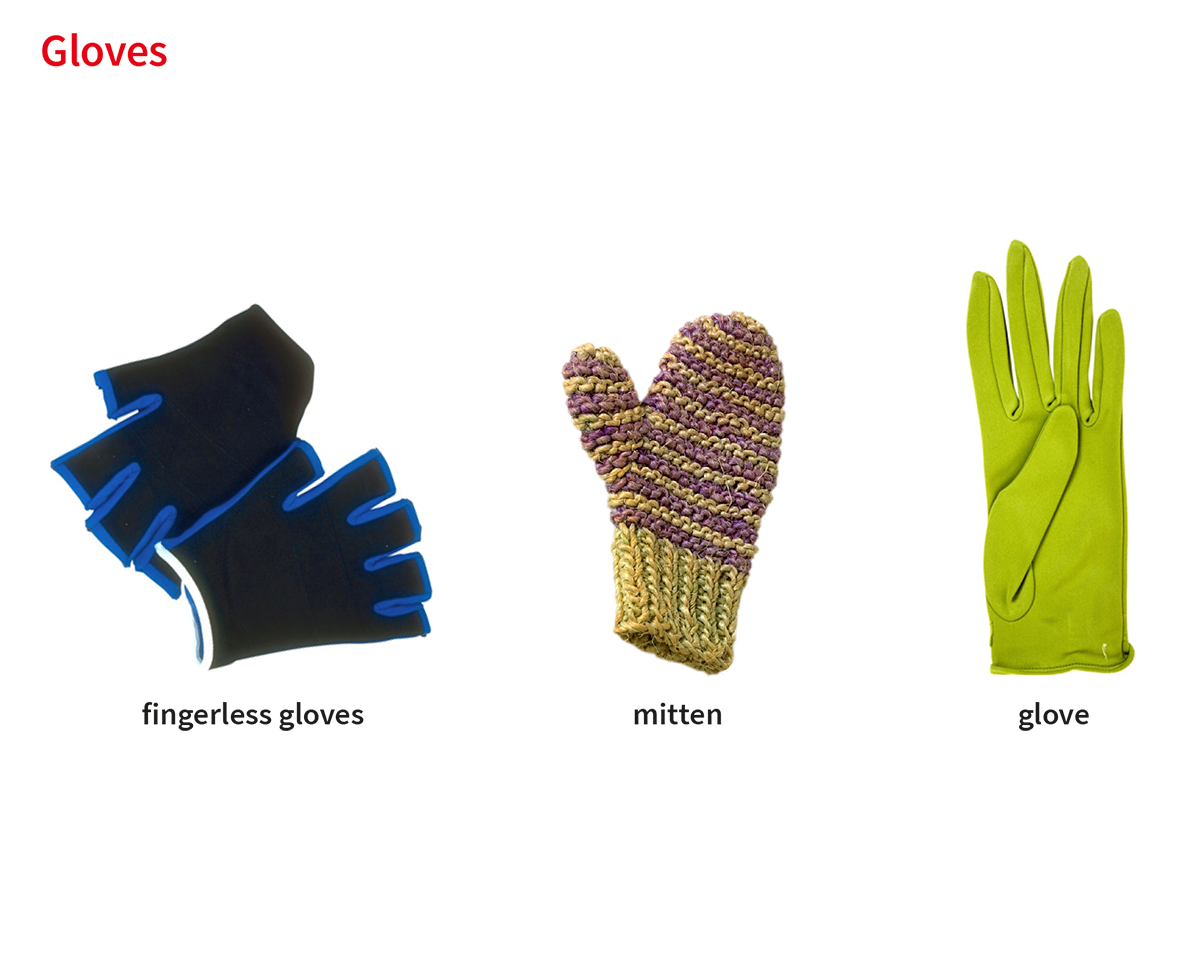 <p><strong>mitten</strong> /ˈmɪt.ən/ =&gt;<em>In winter, I always wear thick mittens to keep my hands warm.</em></p>