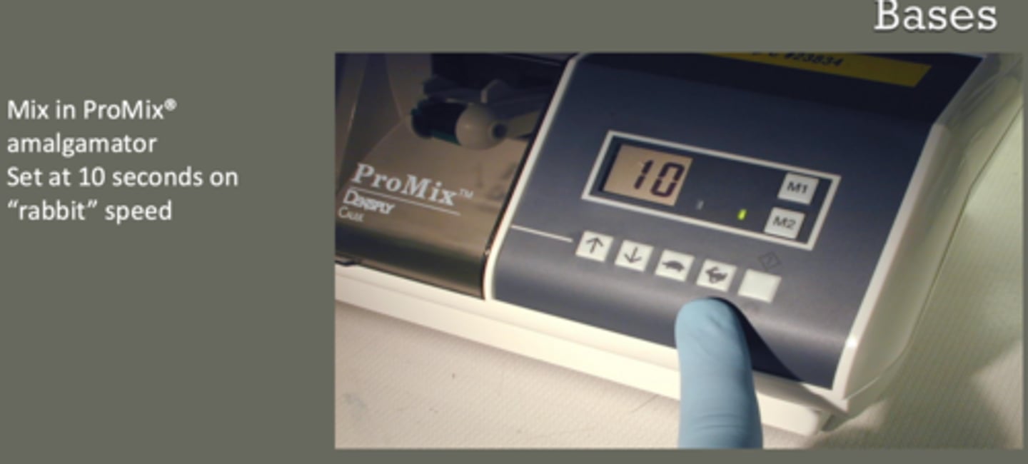 <p>mix in amalgamator</p><p>set at 10 seconds on rabbit speed</p>