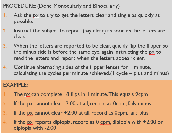 <p><span style="font-family: "Gill Sans MT";"><span>MATERIALS NEEDED:</span></span></p><p style="text-align: left;"></p><p style="text-align: left;"><span style="font-family: "Gill Sans MT";"><span>FLIPPER LENS +2.00/-2.00</span></span></p><p style="text-align: left;"></p><p style="text-align: left;"><span style="font-family: "Gill Sans MT";"><span>NEAR VISION TARGET: 20/30 LETTER AT 40CM</span></span></p><p style="text-align: left;"></p><p style="text-align: left;"><span style="font-family: "Gill Sans MT";"><span>ILLUMINATION: NORMAL</span></span></p><p style="text-align: left;"></p><p style="text-align: left;"><span style="font-family: "Gill Sans MT";"><span>TIMER</span></span></p>
