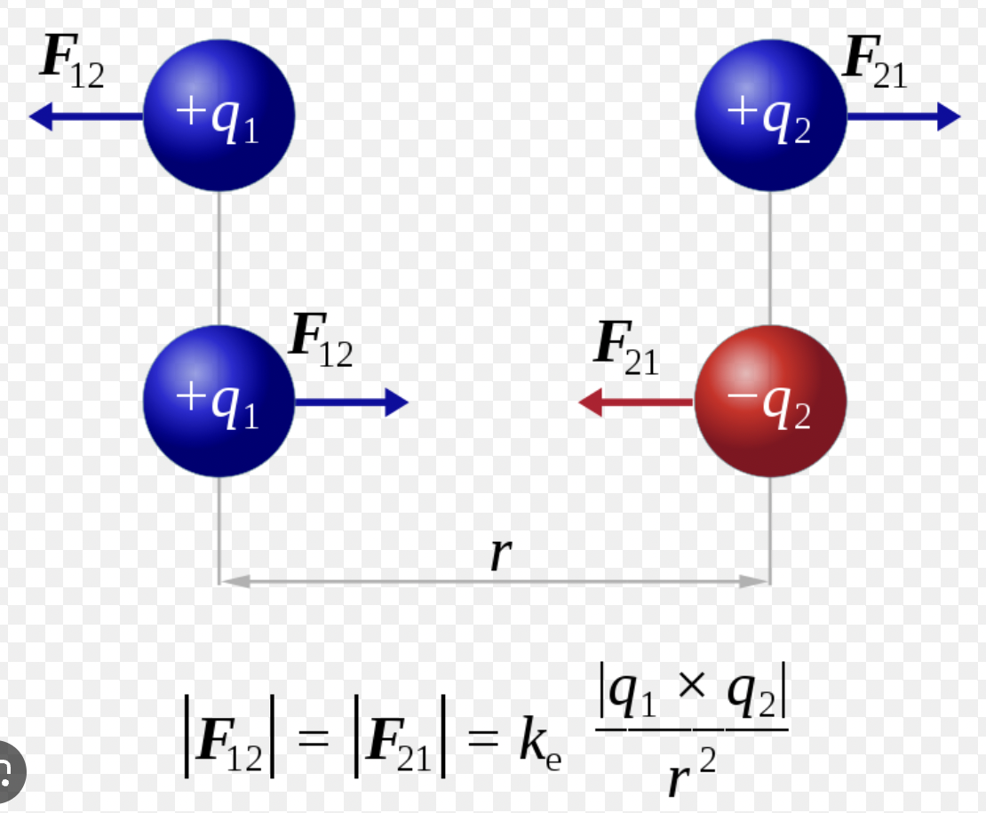 <ul><li><p><strong><mark data-color="yellow">F<sub>E</sub> = k * (Q<sub>1</sub>Q<sub>2</sub>)/R<sup>2</sup></mark></strong></p><ul><li><p>k = 1/4πε<sub>0</sub> = <strong><mark data-color="yellow">9.0 × 10<sup>9</sup> Nm<sup>2</sup>/C<sup>2</sup></mark></strong></p></li><li><p>ε<sub>0<sup> </sup></sub>= permittivity of free space</p></li><li><p>Q = charge; SI Unit: C (coulombs)</p></li><li><p>R = distance (m)</p></li></ul></li><li><p><em>F<sub>E </sub>= force due to an electric charge</em></p><ul><li><p><mark data-color="yellow">F<sub>E </sub>= qE</mark></p></li></ul></li></ul>