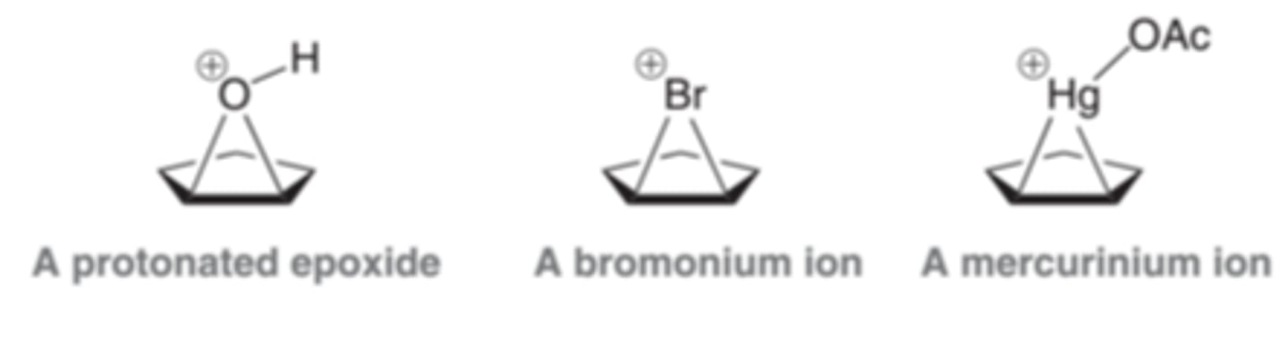 <p>The protonated epoxide intermediate produced in anti dihydroxylation reactions is very similar to bromonium and mercurinium ions. All three cases involve a three-membered ring bearing a positive charge</p>