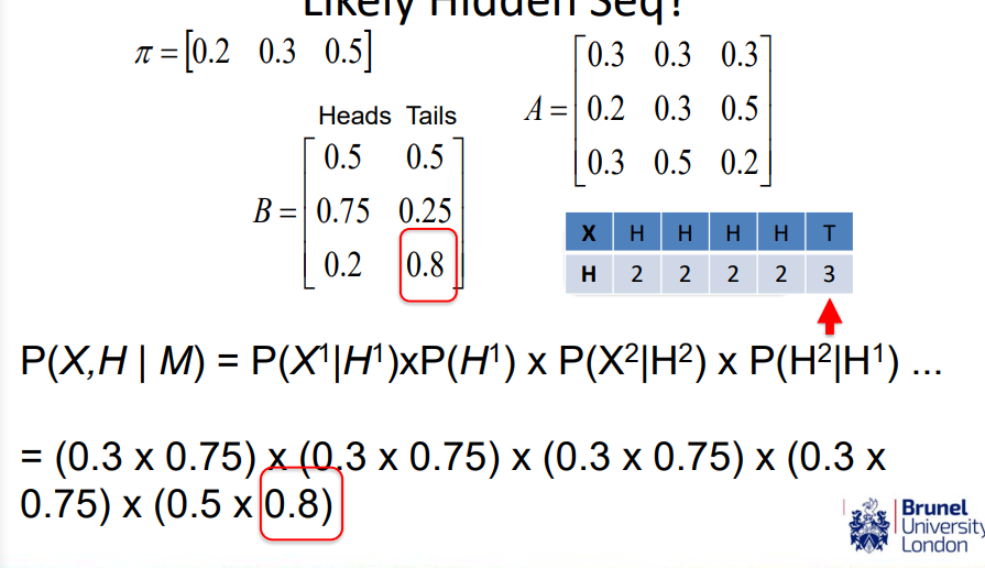 <p>times everything together</p><ul><li><p>1st loop with state 2 and X = H = 0.3 × 0.75</p></li><li><p>2nd loop with state 2 and X = H = 0.3 × 0.75</p></li><li><p>3rd loop with state 2 and X = H = 0.3 × 0.75</p></li><li><p>4th loop with state 2 and X = H = 0.3 × 0.75</p></li><li><p>5th loop with state change to 3 and X = T = 0.5 × 0.75 (slides are incorrect)</p></li></ul><p></p><p>times all 5 values together</p>