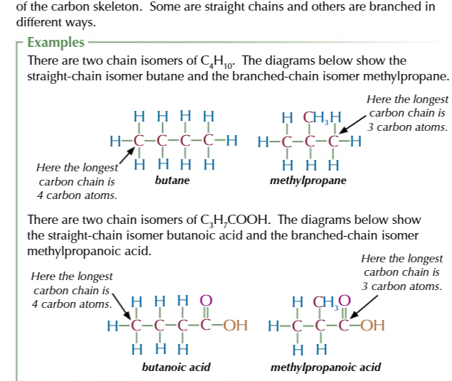 <p>same functional groups but different arrangement of the carbon skeleton</p>