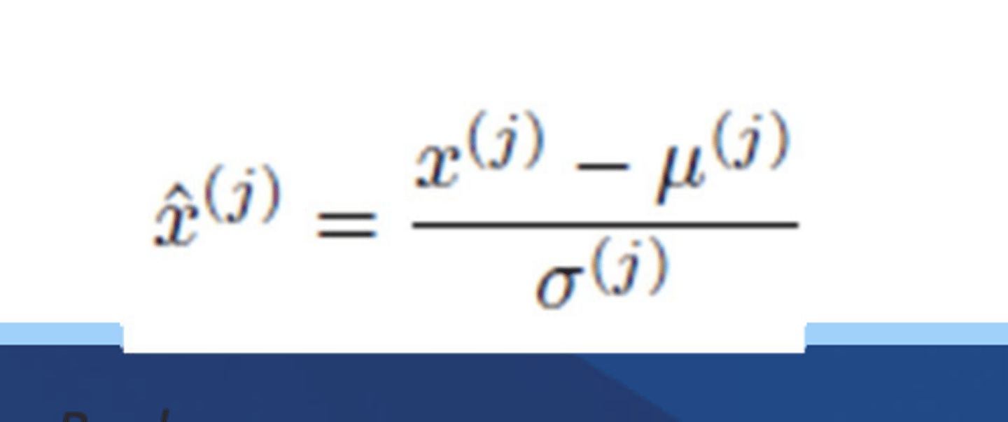 <p>- like normalization except uses the standard normal distribution <br><br>- Mean of 0 standard deviations of 1 <br><br>- use for unsupervised learning models, if its close to a bell curve, if there are extreme outliers</p>