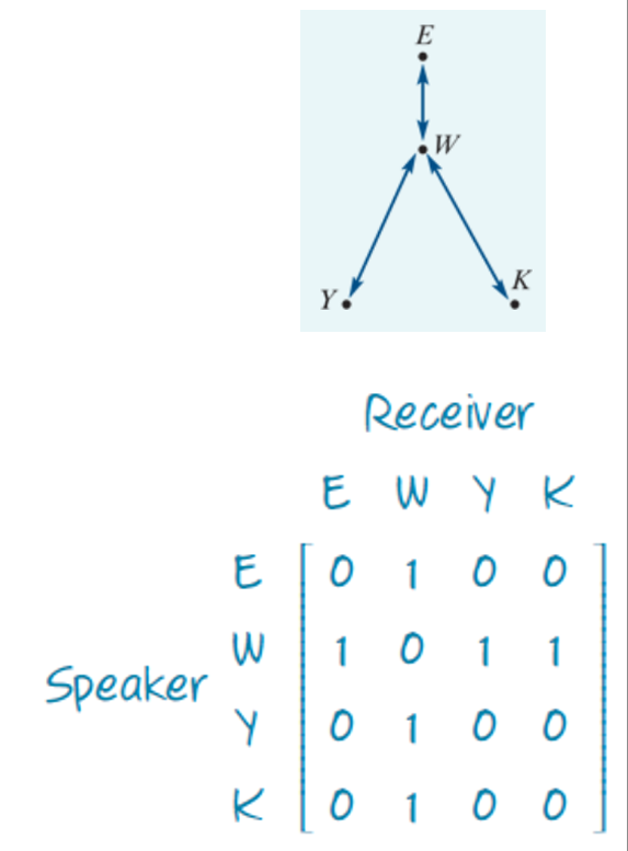 <ul><li><p><strong>Communication matrix</strong>: square binary matrix showing who can talk to who</p></li><li><p><strong>Rows = sender</strong>, <strong>columns = receiver</strong></p></li><li><p><strong>1</strong> = direct communication possible, <strong>0</strong> = not possible</p></li><li><p><strong>Row sum</strong> = how many people someone can talk to</p></li><li><p><strong>Column sum</strong> = how many people someone can hear from</p></li></ul><p></p>
