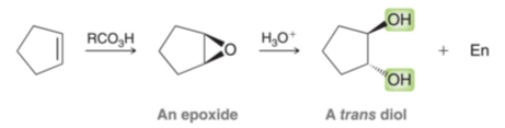 <p>Reagents: 1) RCO3H, 2) H3O+</p><ul><li><p>Forms epoxide intermediate</p></li><li><p>Addition of 2OH across alkene</p></li></ul><p></p>