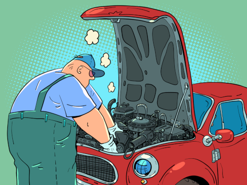 <p>(v. &amp; n.) <em>to fix something that is broken or damaged</em></p><p>“This man’s job is to _______ cars.”</p>
