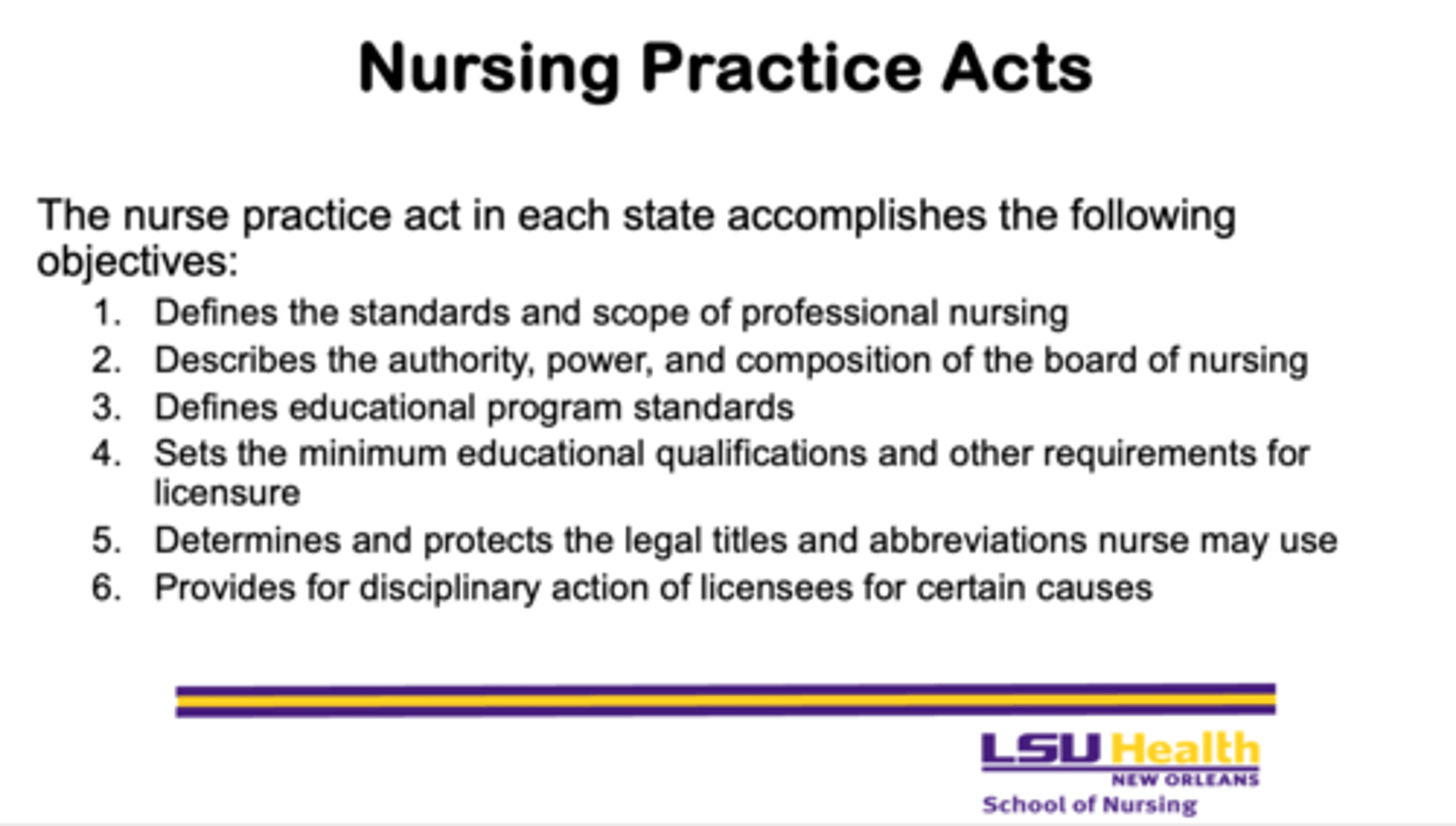 <p>- to define and regulate the practice of nursing by outlining standards, qualifications, and disciplinary guidelines</p>
