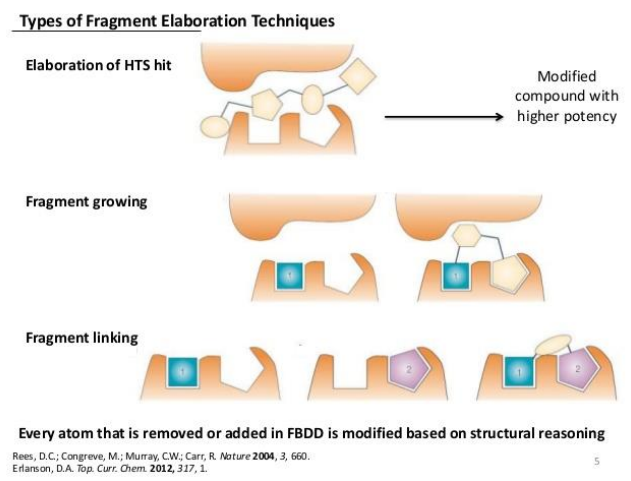 <ol><li><p>Elaboration of HTS hit</p></li><li><p>fragment growing</p></li><li><p>fragment linking</p></li></ol>
