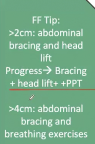 <ul><li><p>perform all abdominal contractions with an exhalation (during concentric) to minimize intra-abdominal pressure</p></li><li><p>abdominal bracing —> + head lifts —> + posterior pelvic tilt</p></li><li><p>3-4 cm = bracing + head lifts </p></li><li><p>if >4cm, no head lift, just bracing and breathing </p></li><li><p>>6cm refer pt and physician will decide if they want to do surgery or conservative</p></li></ul><p></p>