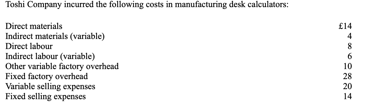 During the period, the company produced and sold 1000 units.

What is the inventory cost per unit using variable costing?

* 52
* 62
* 42
* 70