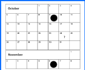 <p>Using the calendar below, fill in the correct moon phase for the following dates:</p><p>October 8</p><p>October 16</p><p>November 8</p>