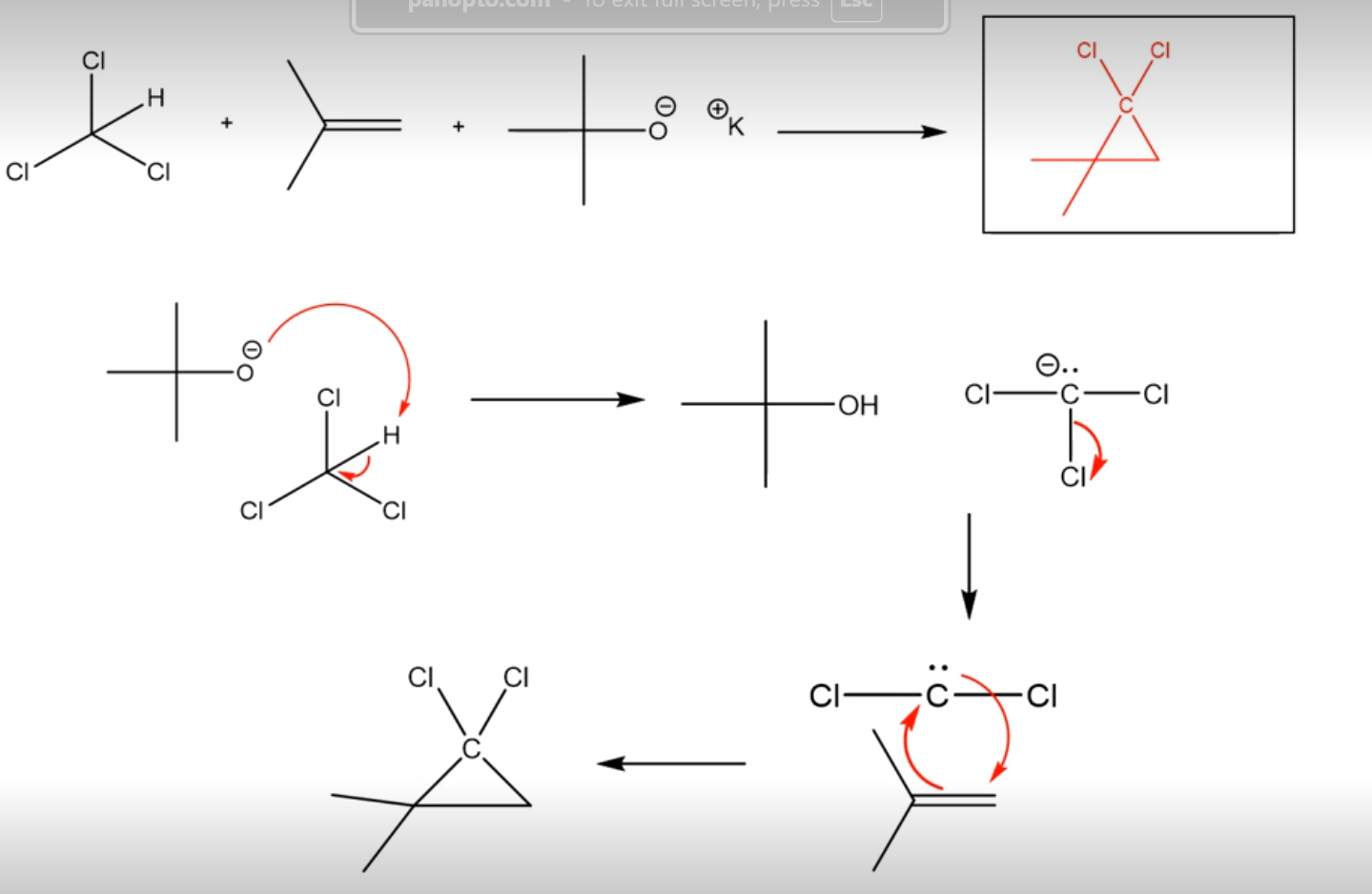 <p>strong base reacts with chloroform to make a Cl - C - Cl (not a full octet but no charge) which can act as a nucleophile and electrophile at the same time! This makes a carbene</p>