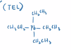 <p>TEL:</p><p>One Pb atom with 4 ethyl groups attached</p><ul><li><p>we stopped using this because we learned its neurotoxic effects and how it corroded engines</p></li></ul>