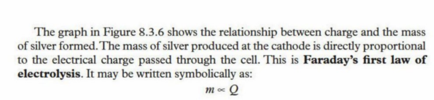 <p>The mass of metal produced at the cathode is directly proportional to the amount of electric charge is passed through (Q - Coulombs)</p>