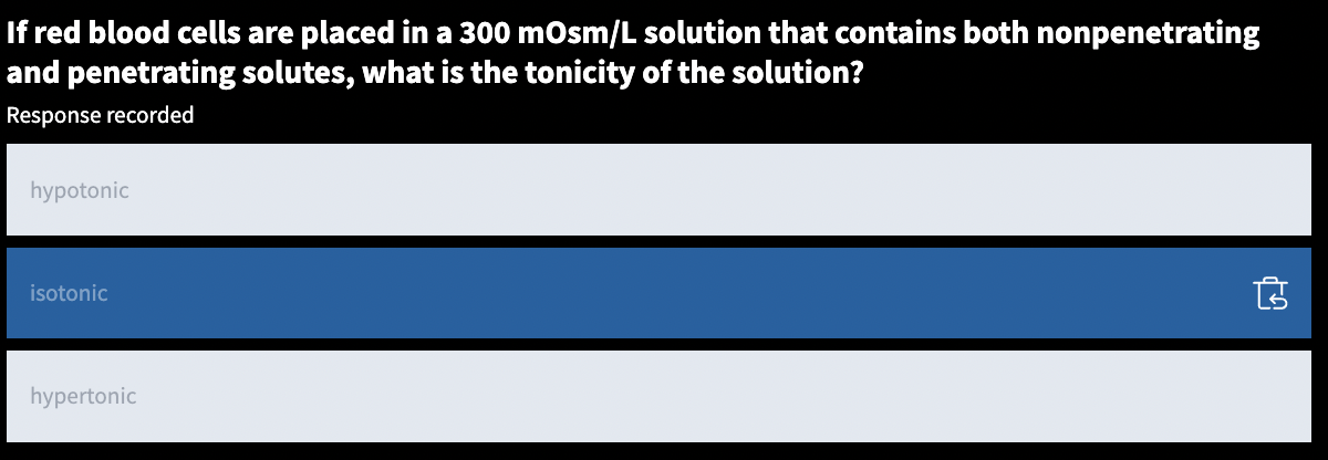 Correct answer: A because, though the osmolarity of the solutions is the same, the outside solute contains only part nonpenetrating solutes, thus the osmolarity of nonpenetrating solutes is less than that of the cell and water must enter the cell to decrease its solute concentration. The solution is hypotonic to the cell