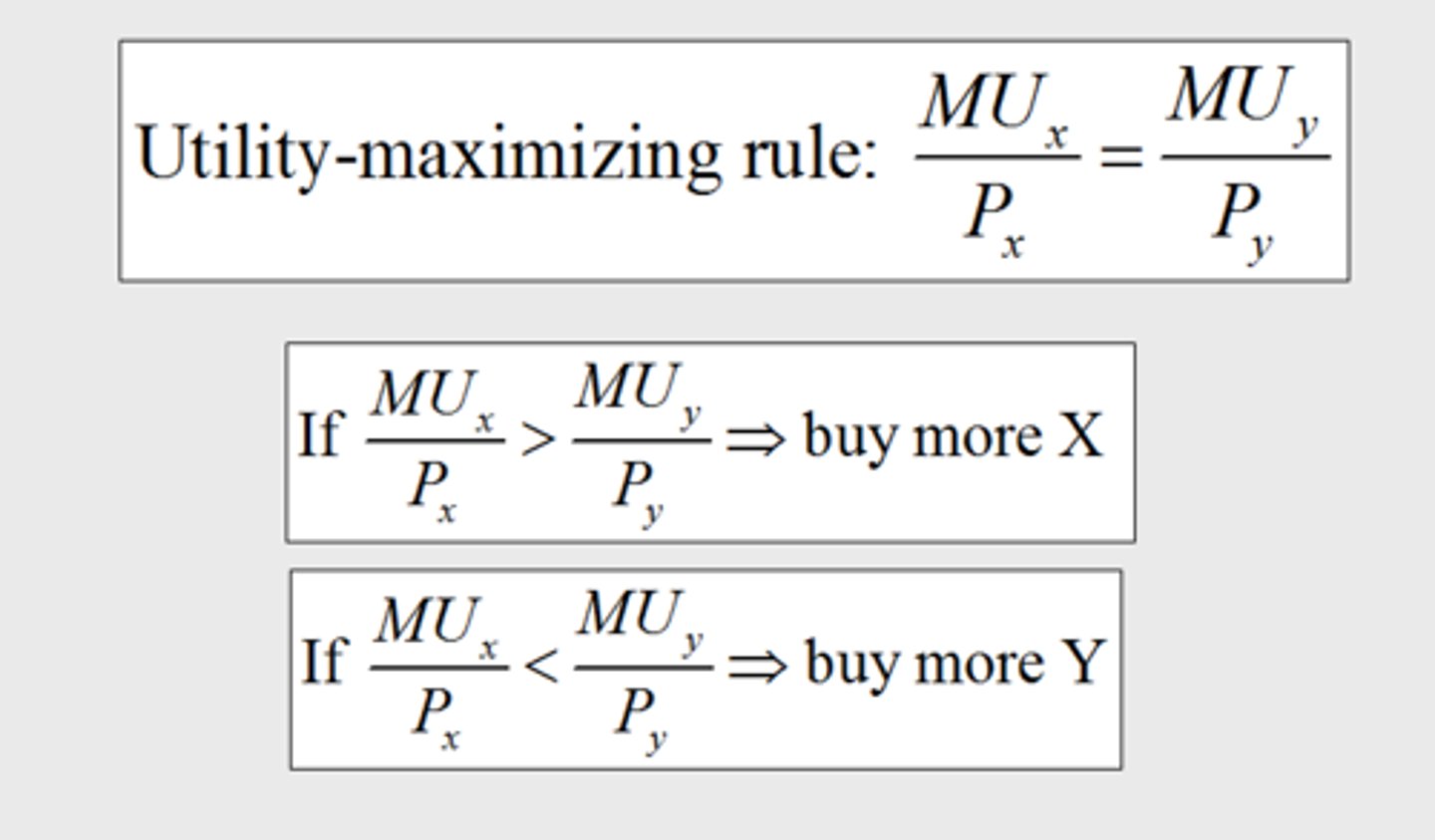 <p>the consumer choose amounts of goods X and Y, with his or her limited income, so that the marginal utility per dollar spent is equal for both goods.</p>