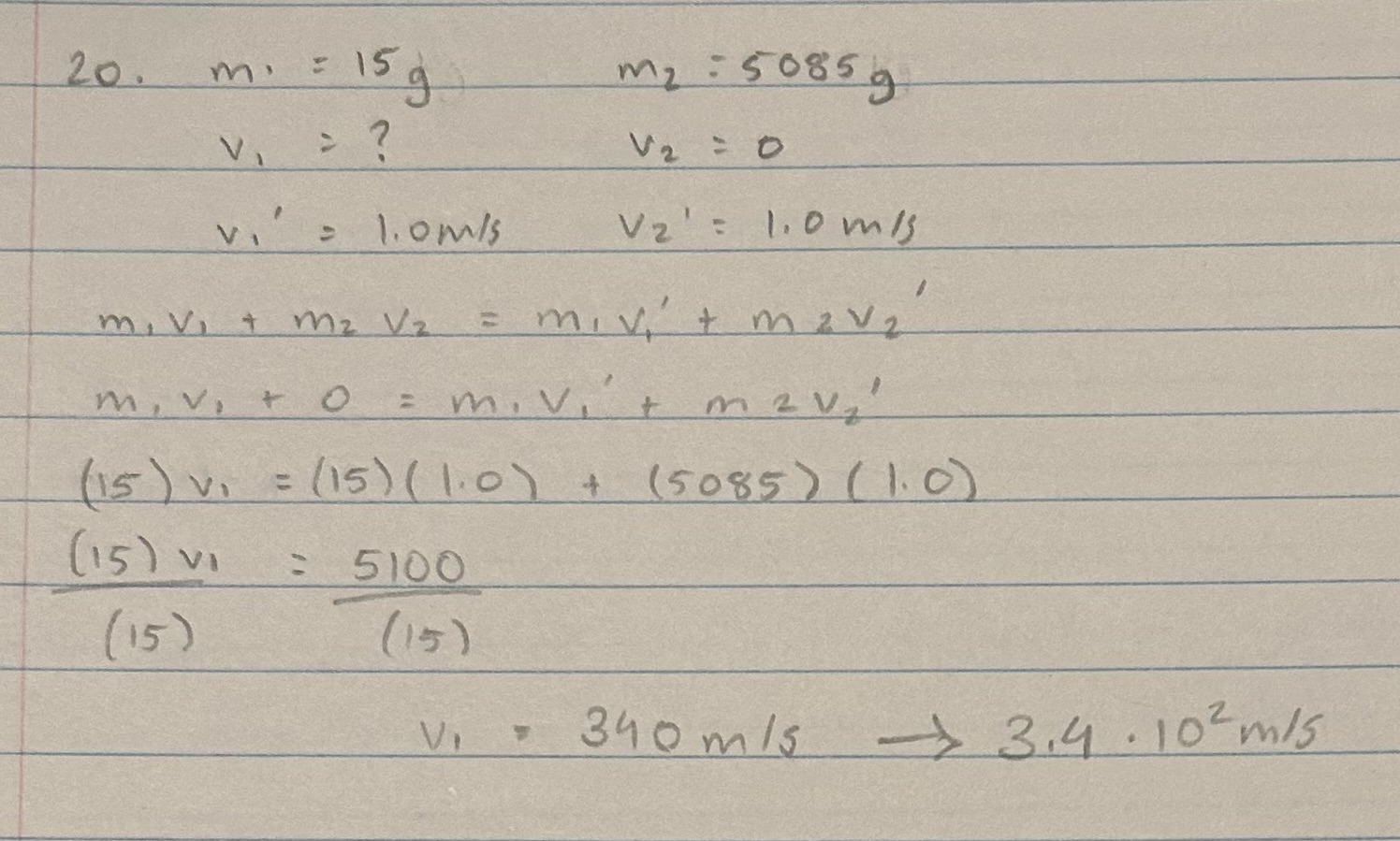 <ol start="20"><li><p>a 15-g bullet is shot into a 508-g wooden block, with the bullet in it, and acquires a velocity of 1.0m/s. calculate the velocity of the bullet before striking the block.</p></li></ol><p></p><p></p>
