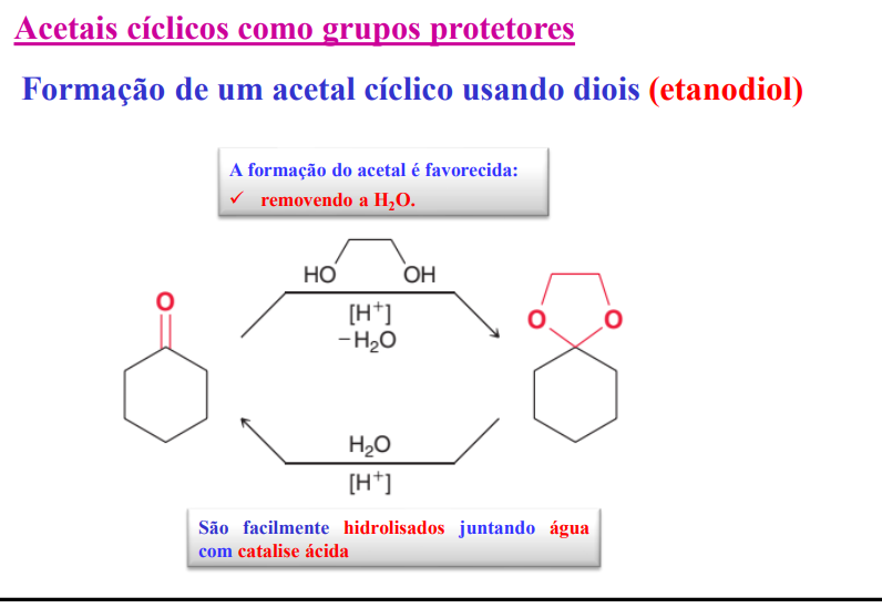 <ul><li><p>a formação do acetal é favorecida: removendo a H2O</p></li></ul><ul><li><p>são facilmente hidrolisados juntando água com catálise ácida</p></li></ul><p></p>