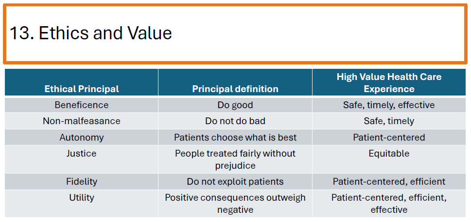 <ul><li><p><strong>Beneficence</strong> – Providing good care (safe, timely, effective).</p></li><li><p><strong>Non-malfeasance</strong> – Avoiding harm.</p></li><li><p><strong>Autonomy</strong> – Allowing patients to make their own decisions.</p></li><li><p><strong>Justice</strong> – Ensuring fair access to care.</p></li><li><p><strong>Fidelity</strong> – Avoiding patient exploitation.</p></li><li><p><strong>Utility</strong> – Maximizing positive consequences over negatives.</p></li></ul><p></p>