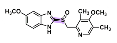 <ul><li><p><u>pharmacophore:</u> <strong>benzimidazole </strong></p></li><li><p><strong>(S)- enantiomer of omeprazole</strong></p><ul><li><p>better oral bioavailability vs racemic mixture </p></li></ul></li><li><p>C5 = EDG - increase nucleophilicity and allow for protonation</p></li><li><p>Pyridine: substituents are EDG - increase nucleophilicity and allow for protonation</p></li></ul>