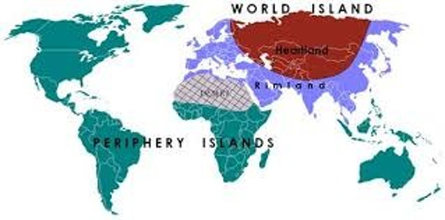 <p>Sir Halford Mackinder developed this theory in the beginning of the 20th century that stated that the Eurasian landmass was the world's heartland and thus the key to world domination.</p>