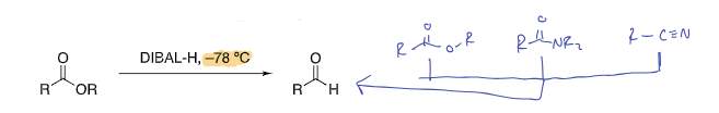 <p>esters, amides, and nitriles are selectively reduced to aldehydes at low temperature</p>