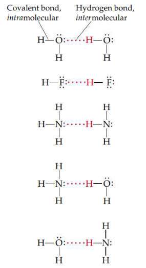 Attraction between a hydrogen atom attached to a highly electronegative atom (usually F, O, or N) and a nearby small electronegative atom in another molecule or chemical group. Because the electron-poor hydrogen is so small, it can approach an electronegative atom very closely and, thus, interact strongly with it. 