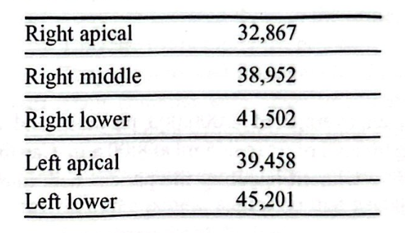 <p>A patient with lung cancer is scheduled to undergo resection of the right lower lobe. Given the counts obtained by ROI for each lung segment below, what percentage of respiratory function will be lost?</p>