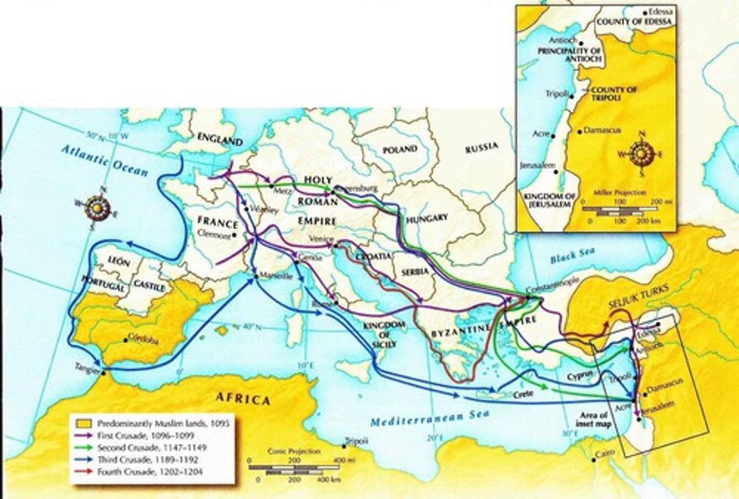 <p>A series of wars undertaken by Christian armies between a.d. 1096 and 1291 to reverse the Muslim advance in Europe and win back the holy lands where Christ had lived.</p>