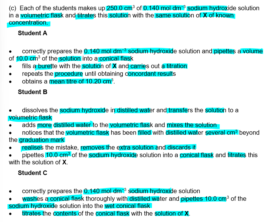 <p>Explain how, if at all, student C’s use of a wet conical flask affects the value of the titre.</p>