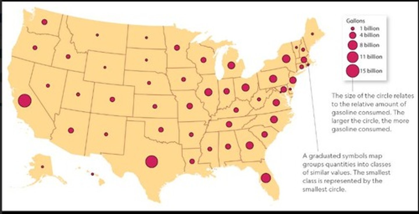<p>A map that uses symbols of different sizes to represent data values, such as population size.</p>