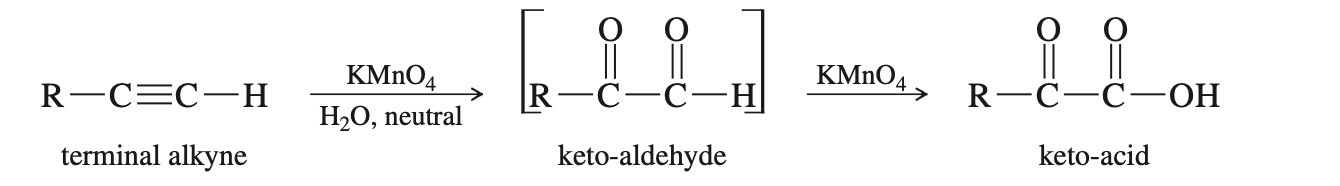 <p>You only need to know cold KMnO4 adds 2 carbonyls (one to each carbon in a triple bond). Also if there are any spare H its make that an alcohol</p>