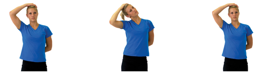 grasp the top of the head with one hand and laterally flex toward the same shoulder

rotate the head up and away as shown

only perform this stretch to the point of mild tension

do not allow the chin to jut forward or shoulders to shrug during this stretch

repeat for the desired number of repetitions